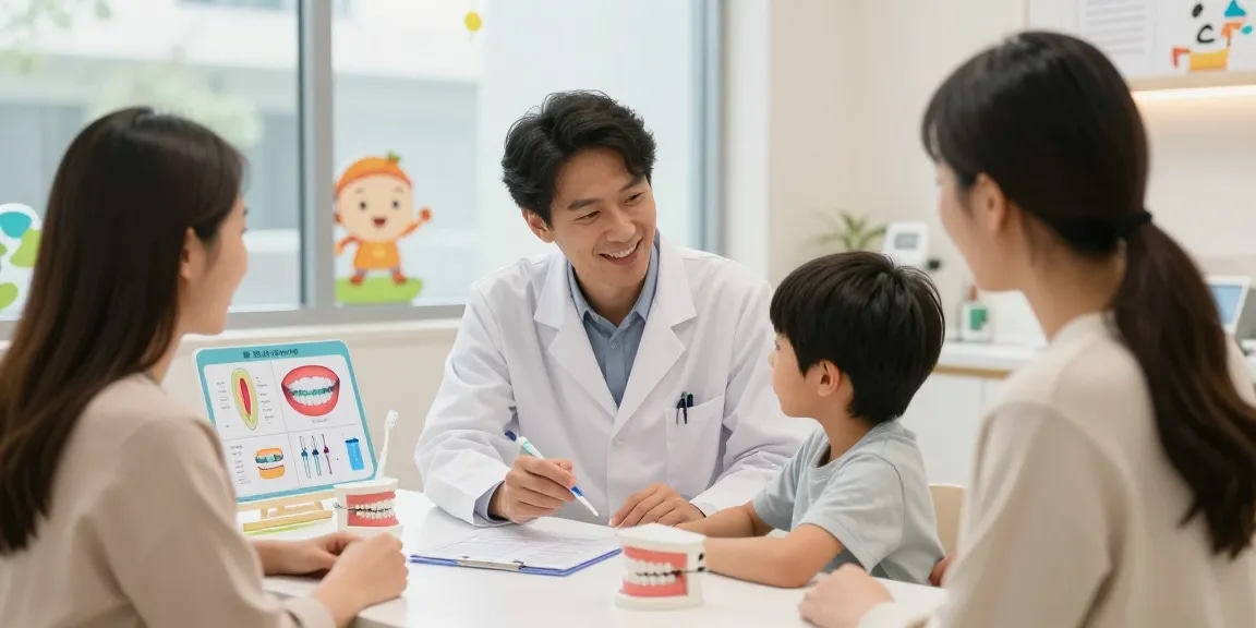 Child discussing dental braces with an adult orthodontist in a friendly clinic setting.