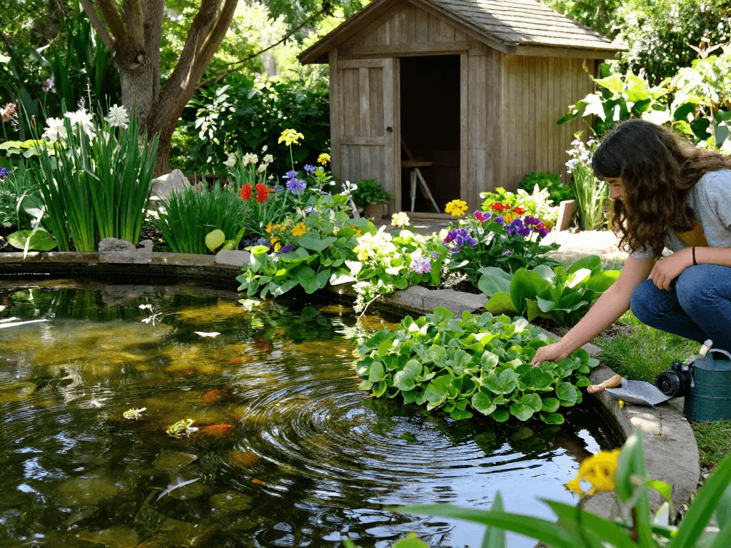 Buy Marginal Pond Plants as a gardener plants them in a tranquil pond setting.