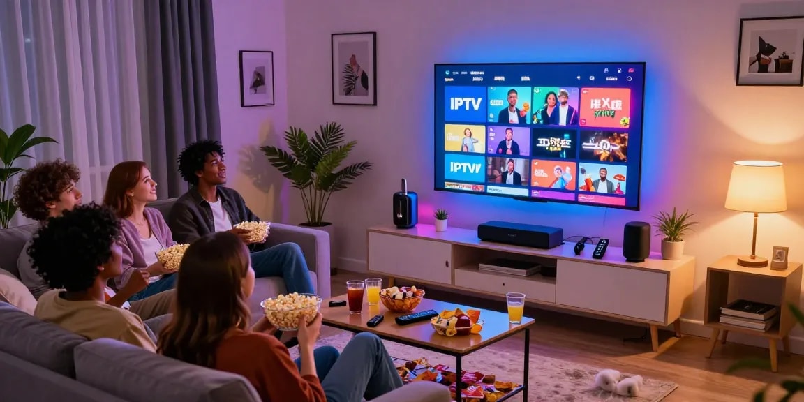 Friends enjoying Reliable IPTV subscriptions for movie night on a modern TV setup with popcorn and cozy decor.
