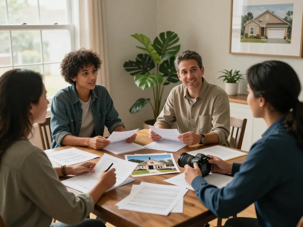 We buy houses for cash negotiation scene with friendly buyers and diverse sellers at table, showcasing trust.