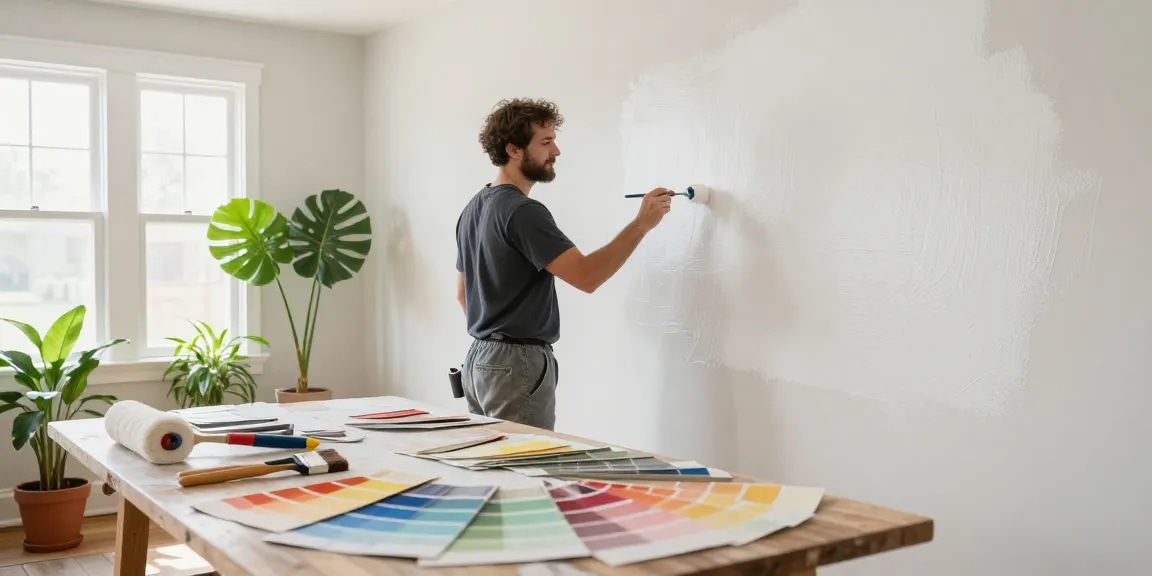 Interior painters Columbus Ohio applying fresh paint in a bright living room filled with plants and natural light.