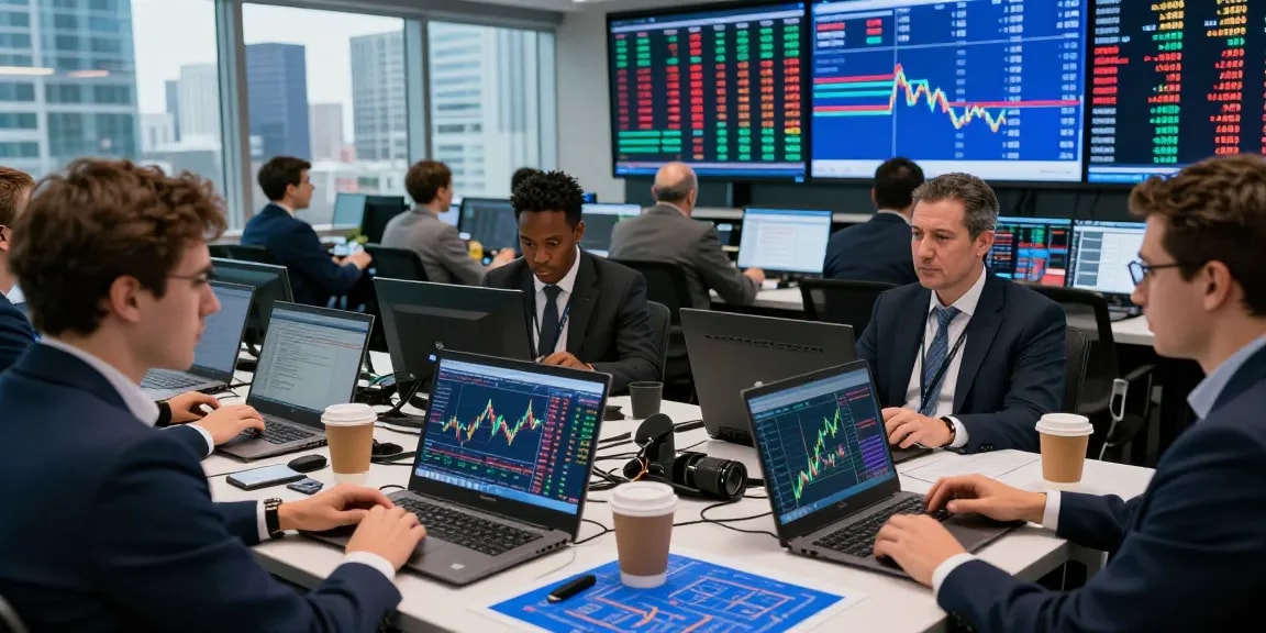 Analyzing currency exchange rates live on modern trading floor with professionals and real-time data displays.