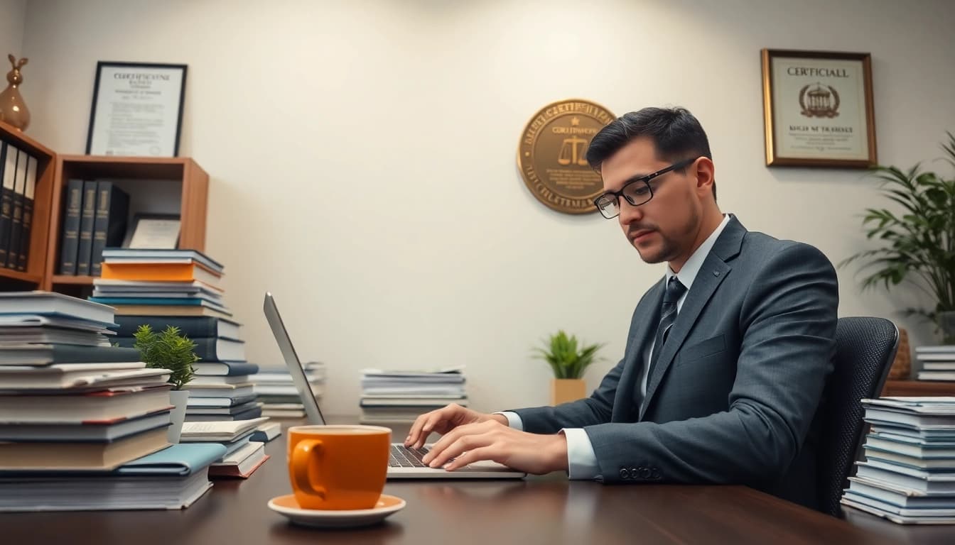 tradutor juramentado working in a professional office, surrounded by translated documents and legal books.