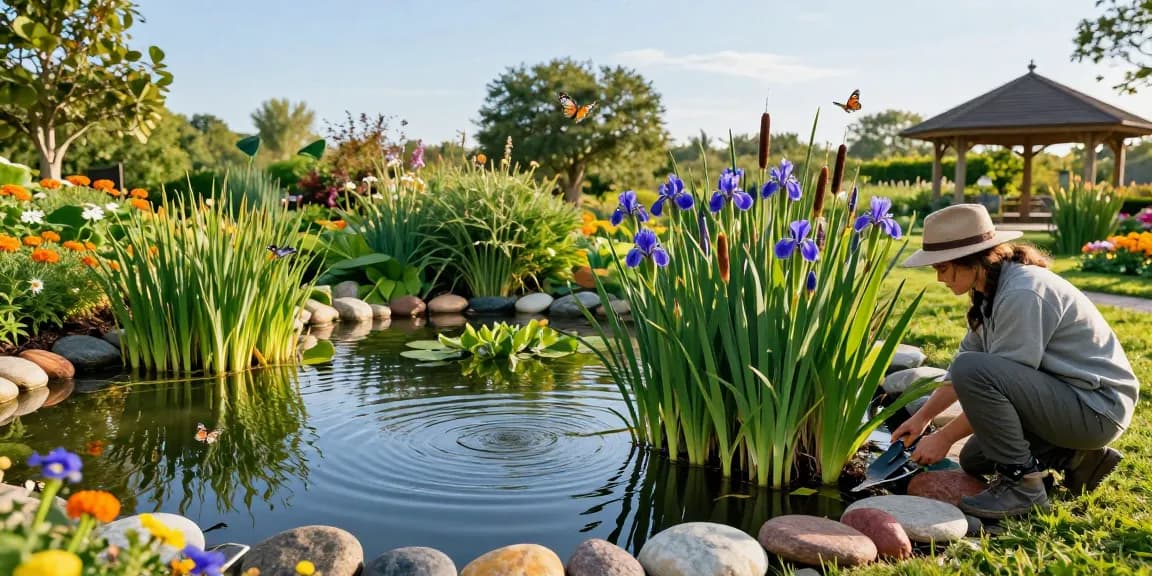 Marginal Pond Plants flourishing in a colorful garden setting with a gardener tending to them.