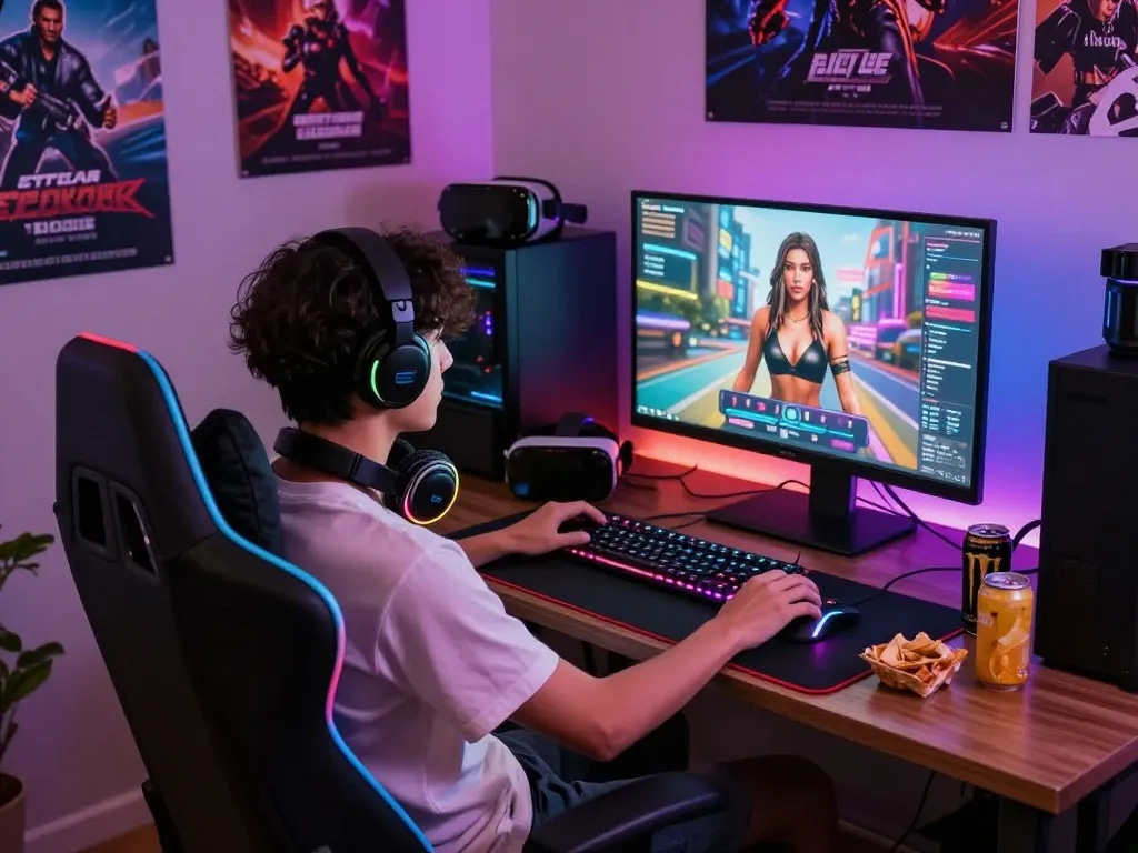 Engaging scene of a gamer playing AI porn games in a vibrant, colorful gaming room setup