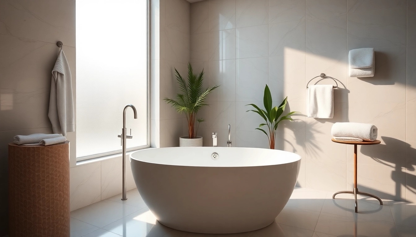 Vasca da bagno elegante in un bagno luminoso con decorazioni moderne.