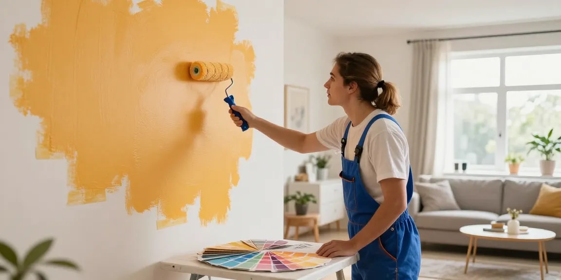 Interior painters Des Moines transforming a living room with fresh paint, showcasing vibrant colors and professional craftsmanship.