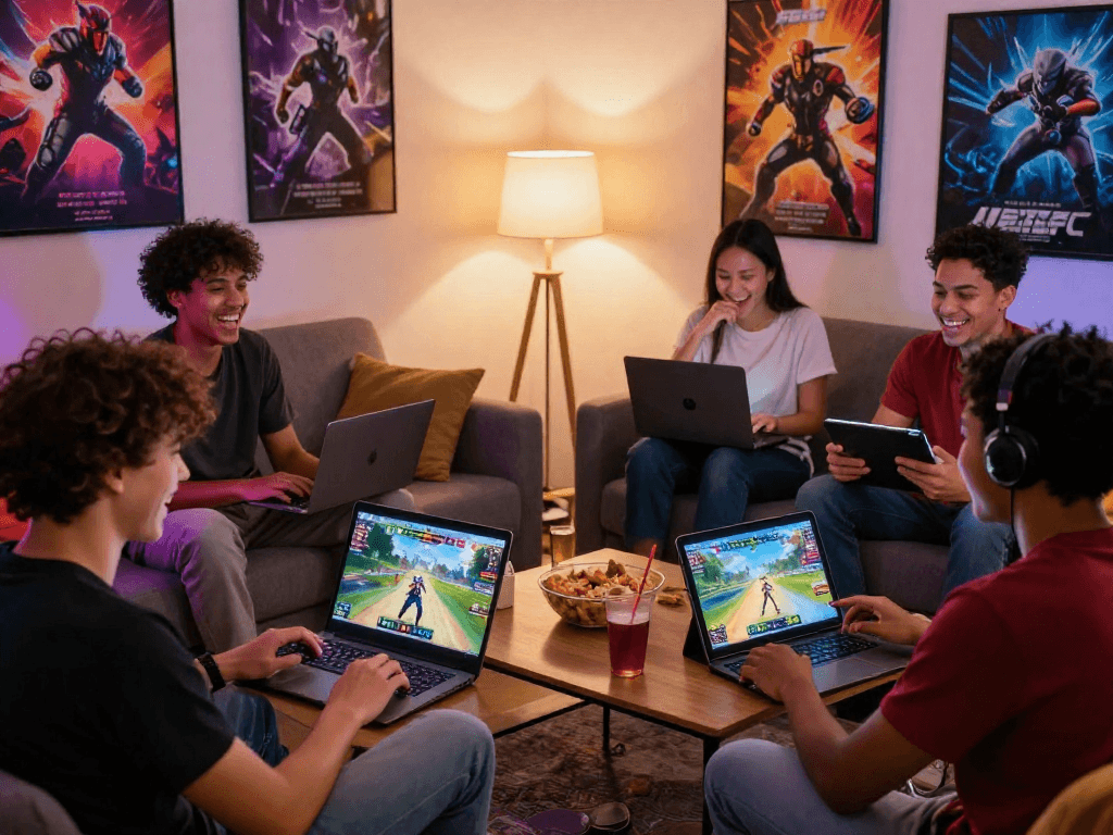 Friends enjoying an adult game experience together in a cozy living room setting, showcasing diverse devices and engaging gameplay.
