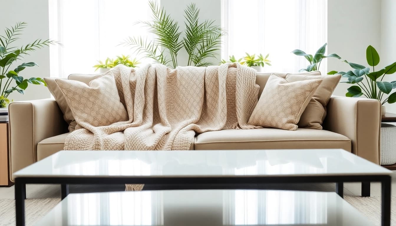 Beklede sofa met zacht bouclé stof in een stijlvolle woonkamer.