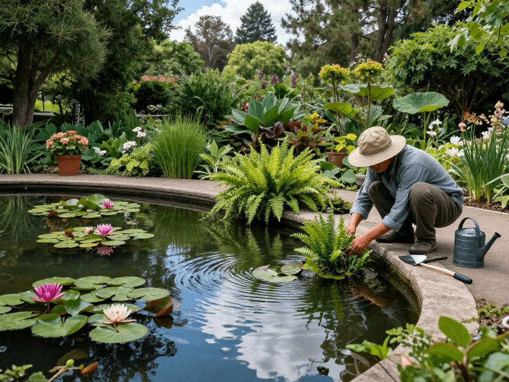 Pond plants arranged beautifully in a tranquil garden setting, showcasing water lilies and ferns, enhancing peaceful outdoor ambience.