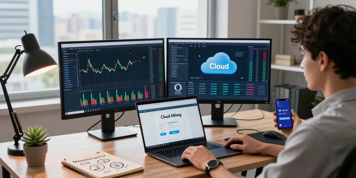 Cloud mining company setup featuring cryptocurrency dashboards and mining data.