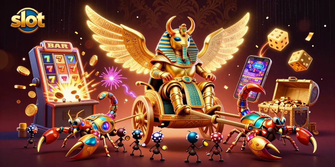 Spin and win on the slot machines with a colossal golden beetle leading the action in a vibrant casino scene.