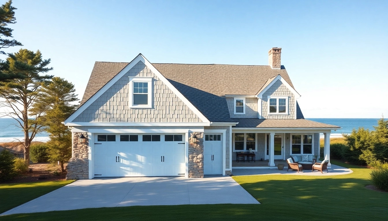 Cape Cod home with modern attached garage, showcasing coastal architecture and serene landscape.