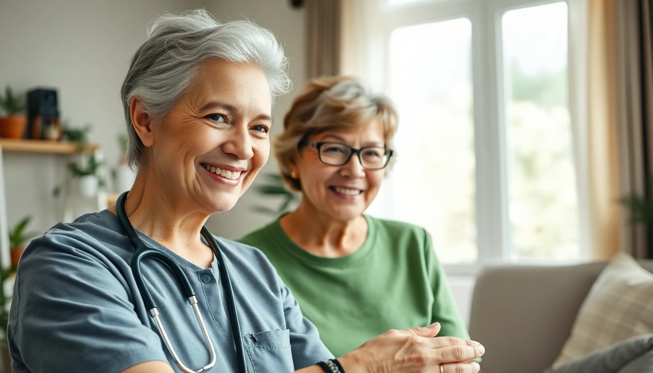 Engaging at home senior care scene with caregiver aiding elderly person in a warm setting.