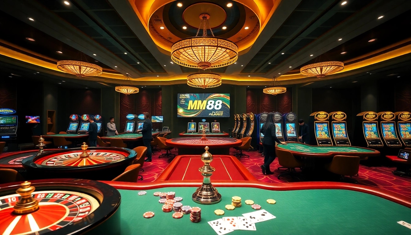 Players enjoying MM88 online casino games with vibrant roulette and slot machines in action.