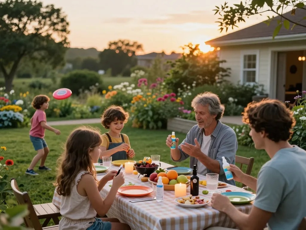 Mosquito repellent products being enjoyed at an outdoor barbecue during sunset with families and friends.