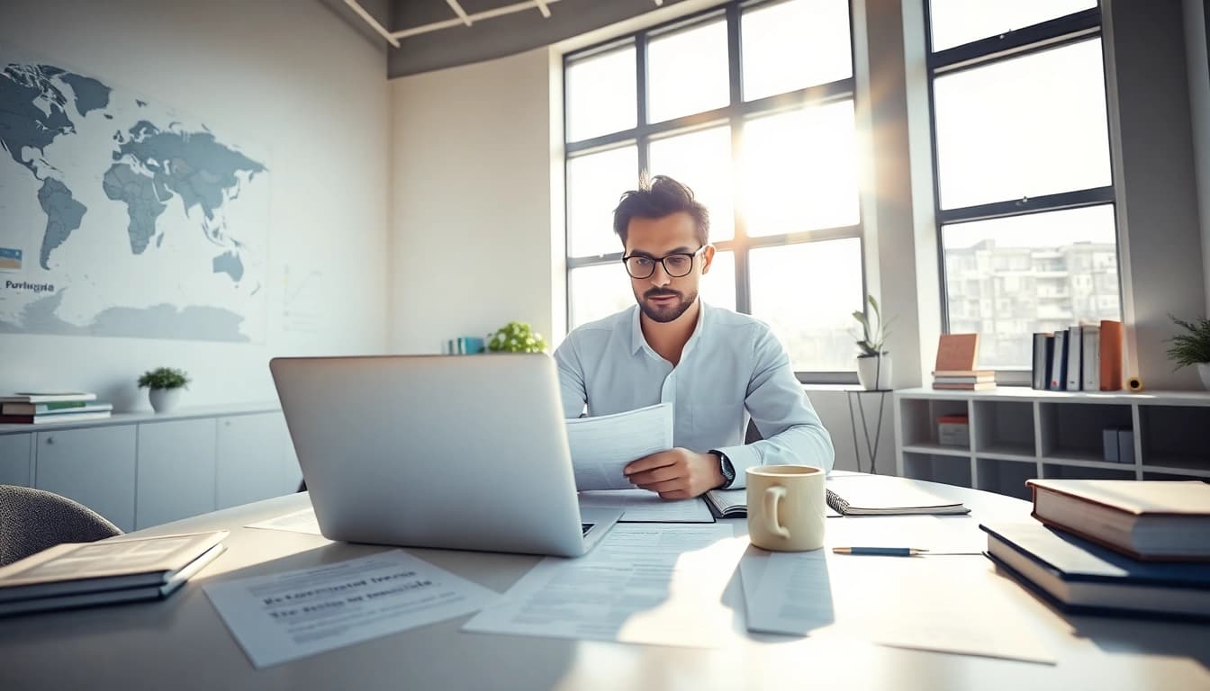 Traducteur assermenté portugais travaillant dans un bureau lumineux et professionnel.