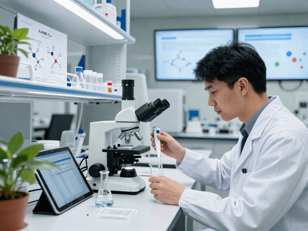 Scientist examining GHK-Cu research peptides in a laboratory setting.