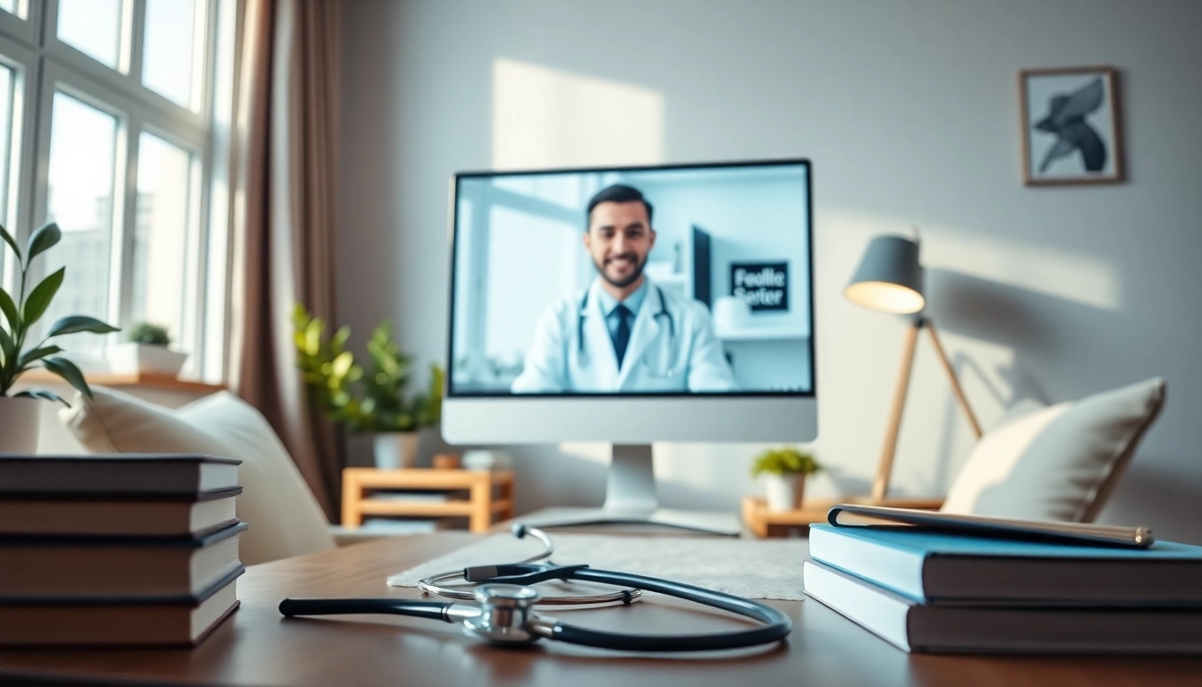 Consultation with a telehealth doctor for prescriptions in a cozy home office.