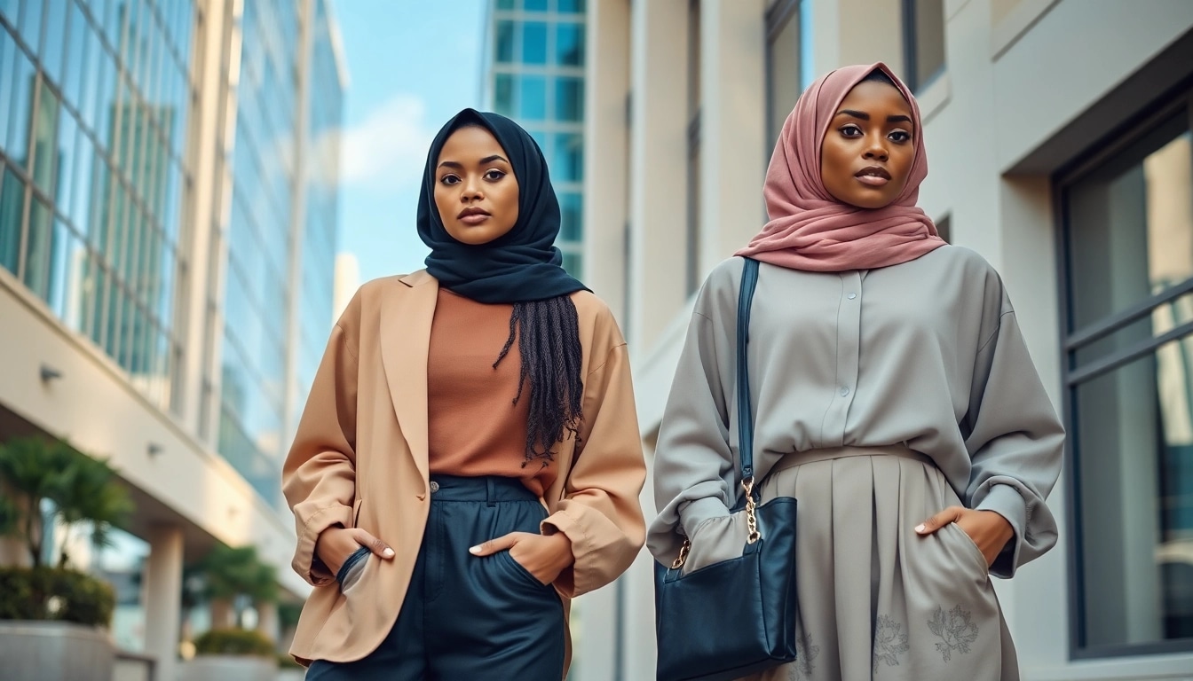 Showcasing diverse models in elegant outfits from a Modest clothing manufacturer in an urban setting.