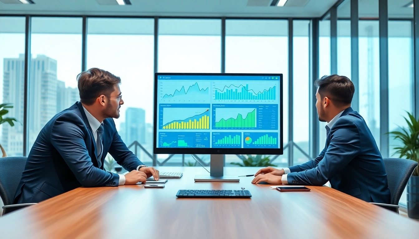Analyze SEO Rank Tracker data with a professional team in a modern office setting.