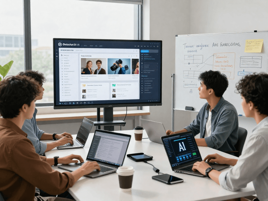 Detect AI image in a modern content moderation workspace showcasing diverse professionals collaborating on AI detection.