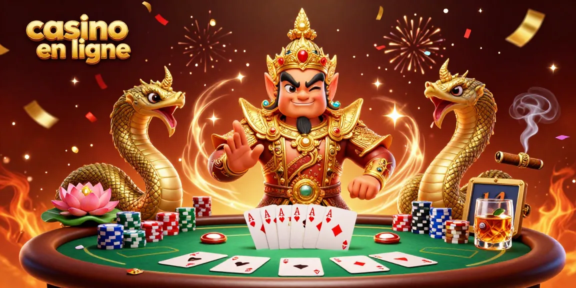 Jouer à casino en ligne avec des personnages de gardien thaï et des éléments de poker colorés.