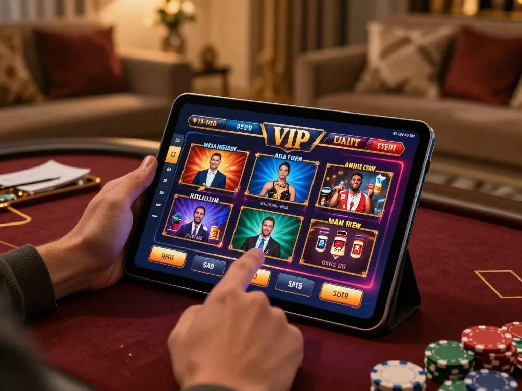Engaging in online gaming at vipwin with a tablet showcasing vibrant casino interfaces and cozy decor.