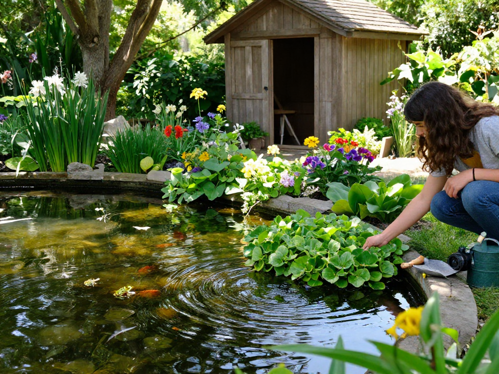 Buy Marginal Pond Plants as a gardener plants them in a tranquil pond setting.