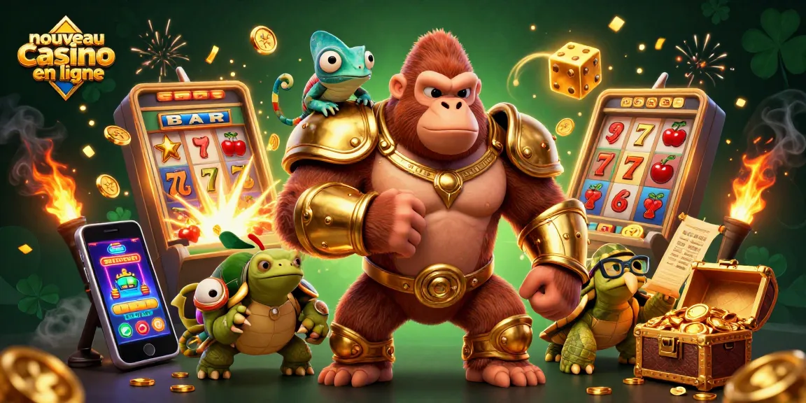 Illustration dynamique du nouveau casino en ligne avec un gorille roi en armure dorée, des machines à sous, et des effets de jackpot.
