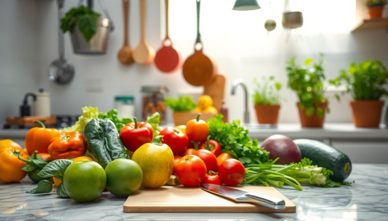 Cook with dish facts about fruits and vegetables in a vibrant kitchen setting.