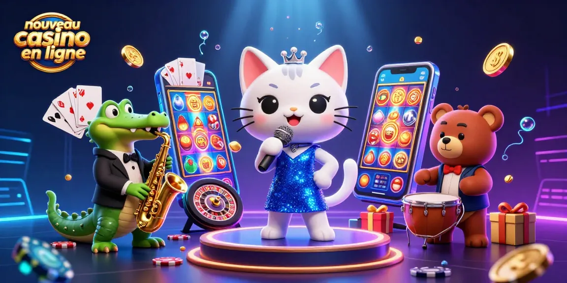 Illustration d'un nouveau casino en ligne avec des personnages animés chantant, jouant et s'amusant dans une scène colorée