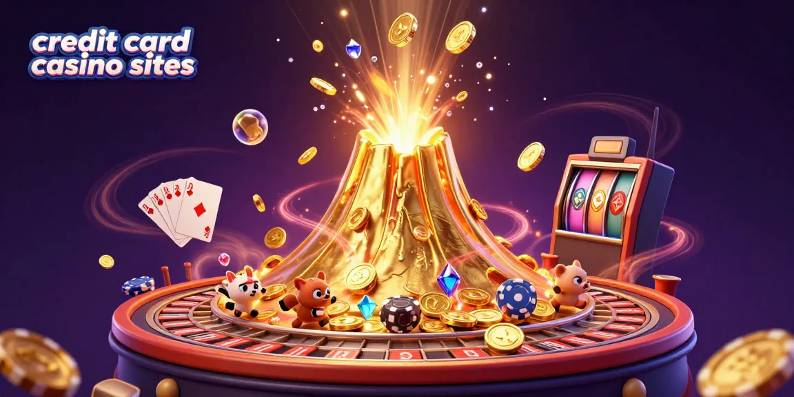 Engage with credit card casino sites through an exciting 3D scene featuring a golden volcano and treasure-fleeing animals.