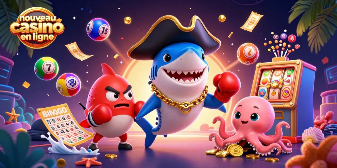 Illustration dynamique illustrant le nouveau casino en ligne avec un requin pirate et des éléments de loterie.