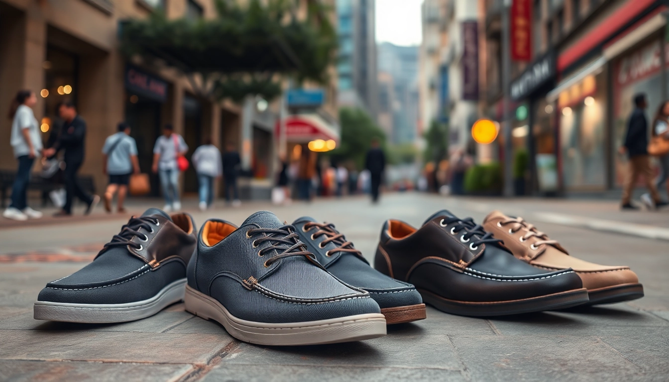 Zapatos casual hombre exhibiendo estilos modernos y cómodos en un entorno urbano.