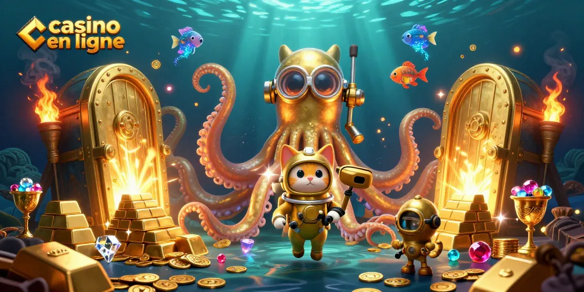 Plongée dans l'univers du casino en ligne avec un kraken et un chat plongeur entourés de trésors.