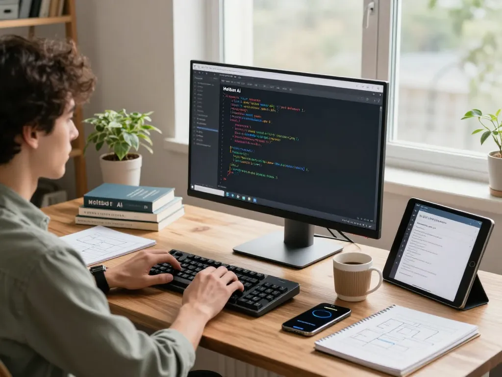 Moltbot AI workspace with developer coding, showcasing clawdbot ai interface and productivity tools in cozy home office.