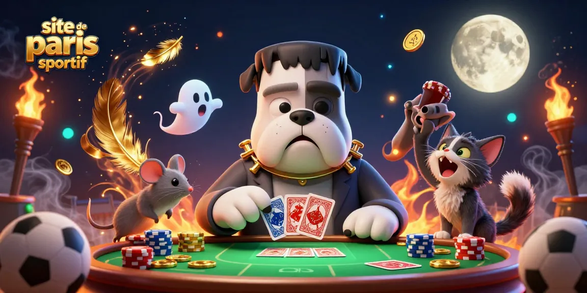 Illustration en 3D du site de paris sportif avec un bulldog Frankenstein et un chaton loup au casino.