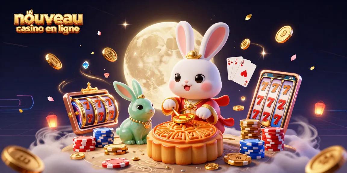 Illustration d'un nouveau casino en ligne avec un lapin lunaire et des jeux de casino.