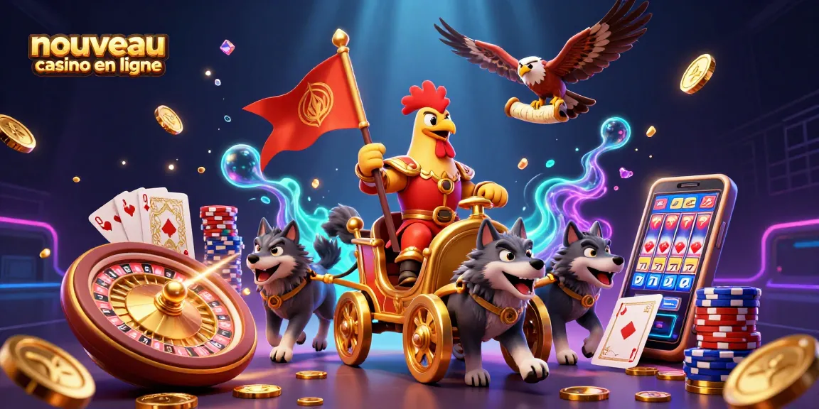 Une illustration dynamique présentant un nouveau casino en ligne avec un coq seigneur guerrier et des éléments de jeu captivants.