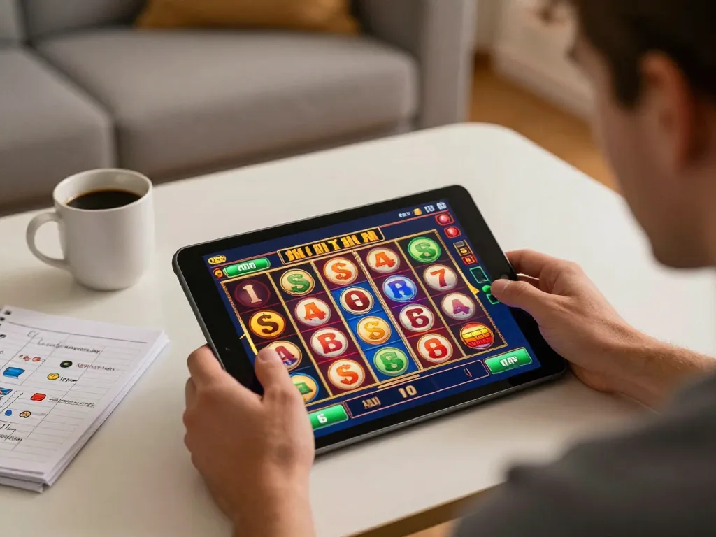 Pemain menikmati permainan slot link gacor di tablet dalam suasana rumah yang nyaman.