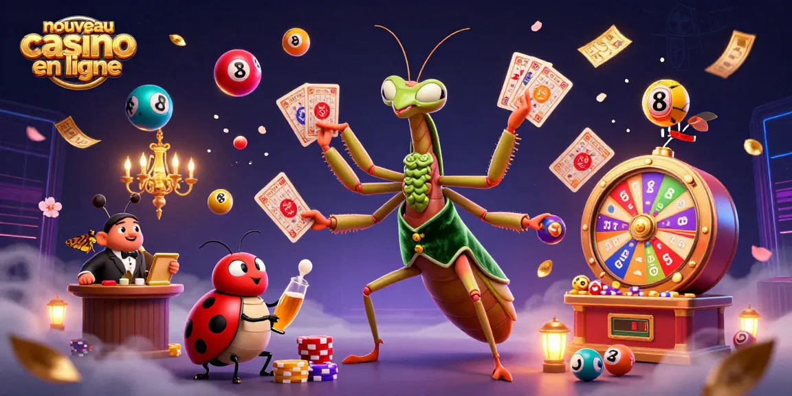 Illustration dynamique de nouveau casino en ligne avec un mante religieuse et des éléments de loterie attirants.