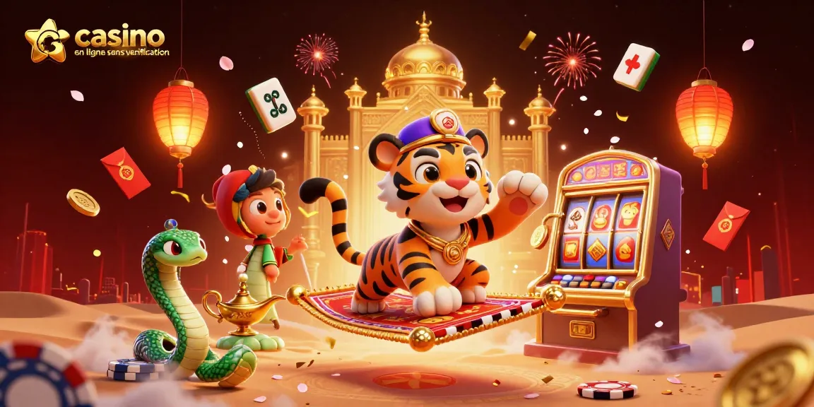 Jouer à des machines à sous dans un casino en ligne sans vérification avec un sultan tigre et un génie dans un décor magique.