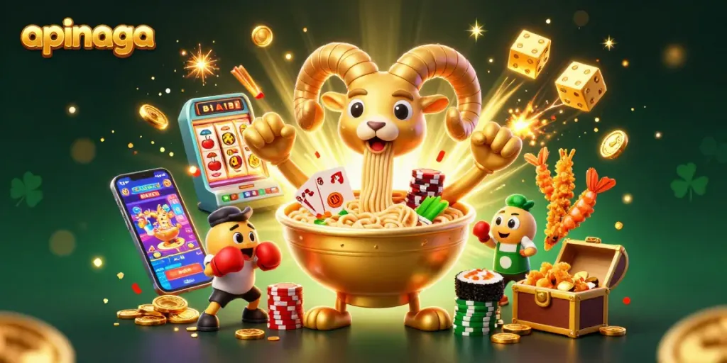 Spin to win with apinaga as a golden ramen bowl character deals cards in a vibrant casino setting.