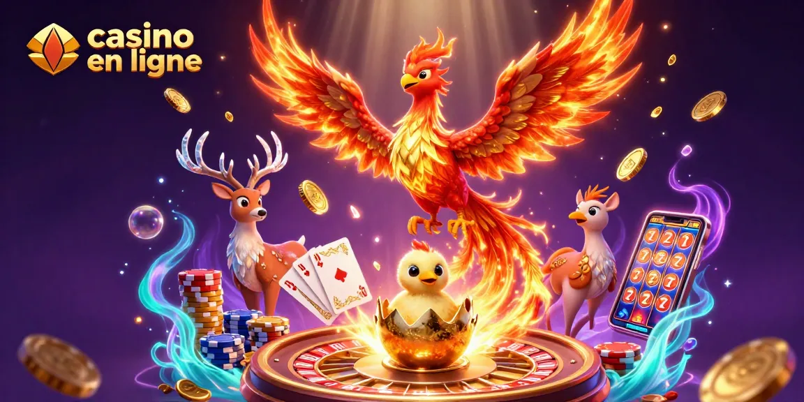 Gagner avec le casino en ligne : illustration dynamique d'un phénix et de symboles de jeu captivants.