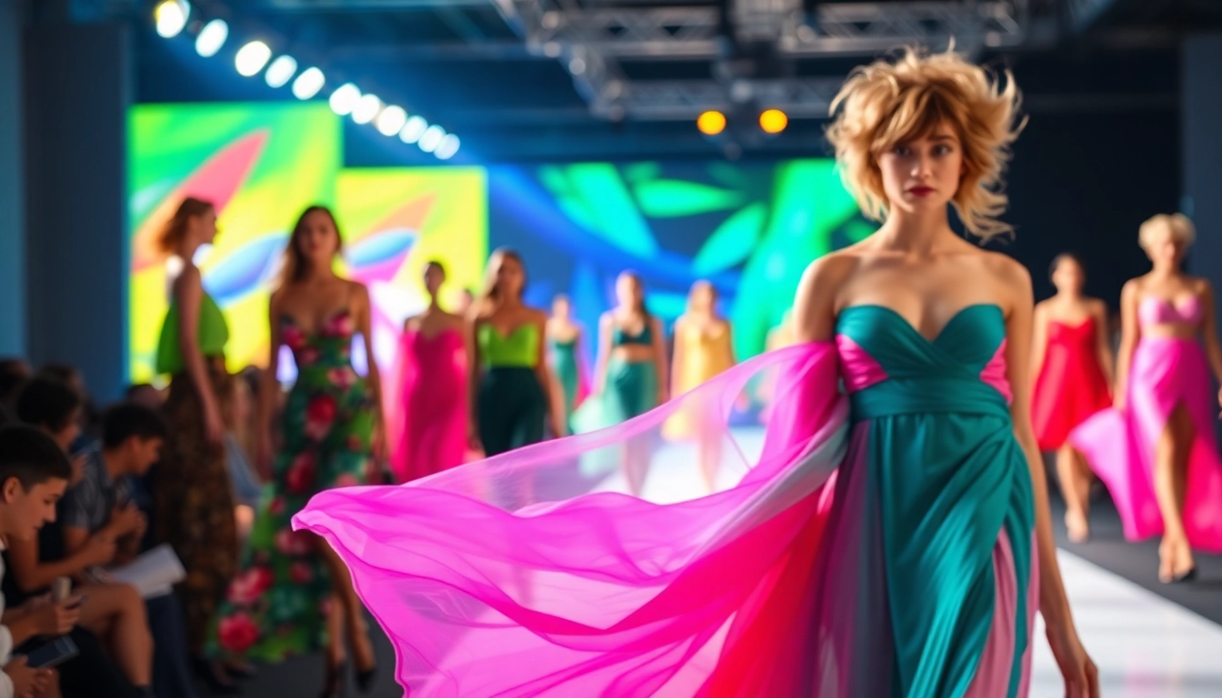 Showcasing Fashion trends on a vibrant runway with diverse models.