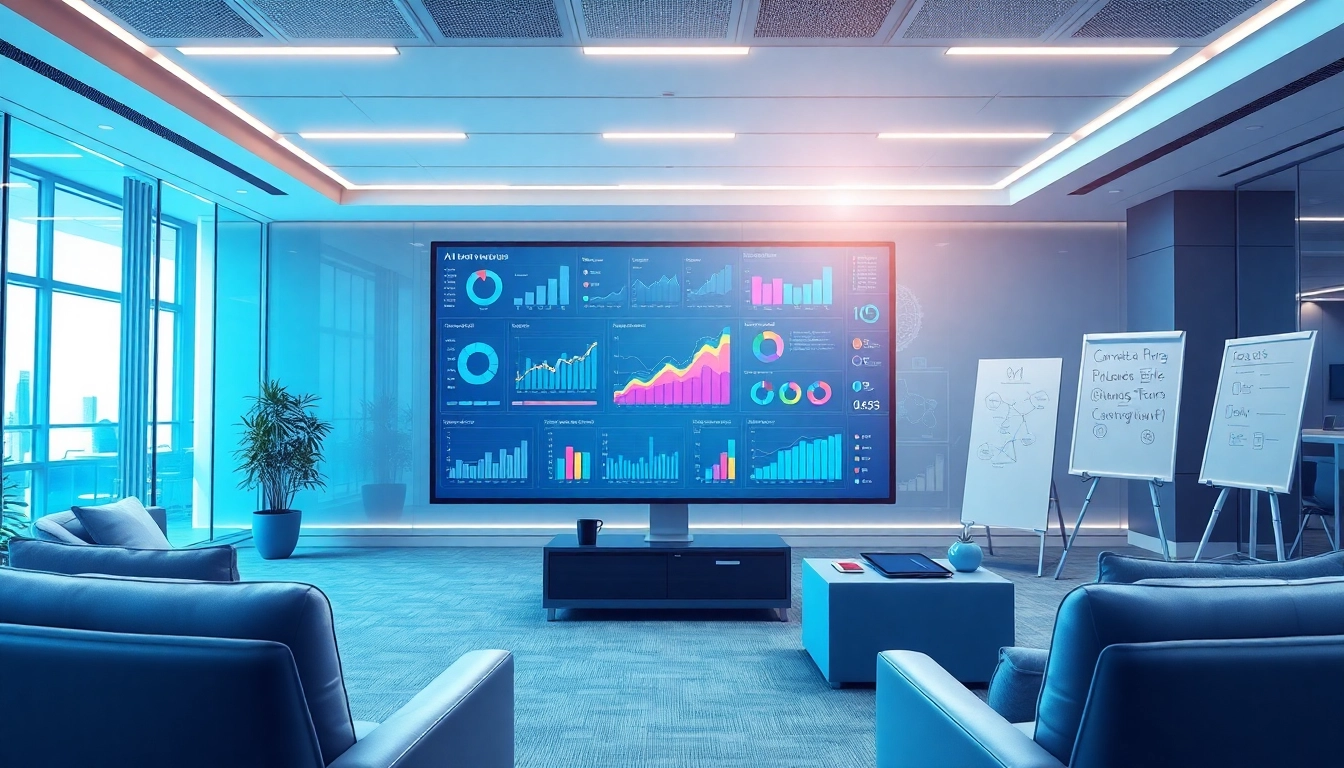 AI for competitive intelligence dashboard displaying real-time analytics and insights in a modern office.