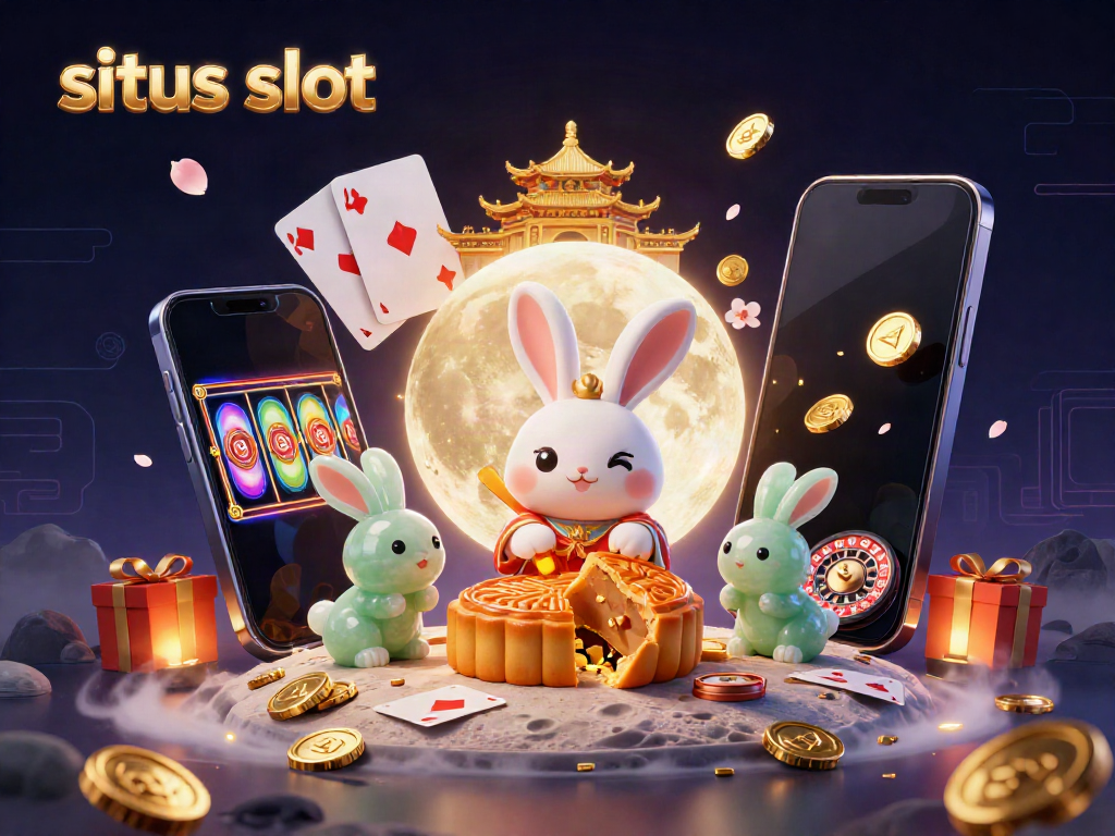 Ilustrasi situs slot dengan karakter kelinci bulan yang sedang mengukir kue bulan emas, dikelilingi berbagai elemen perjudian.
