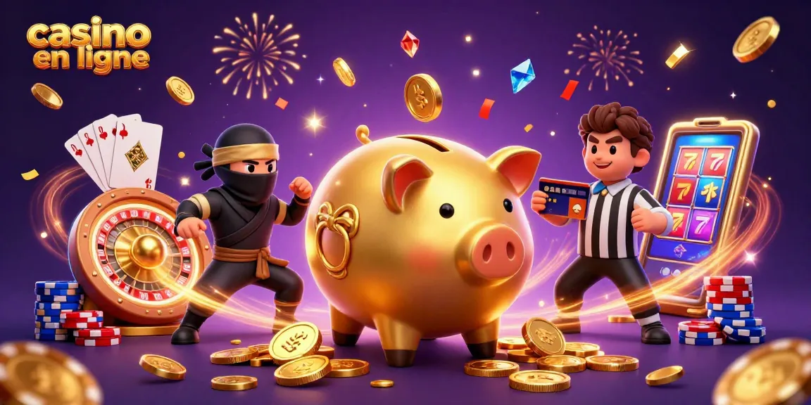 Illustration dynamique d'un casino en ligne avec un sumo en cochon d'or, un ninja et un arbitre.