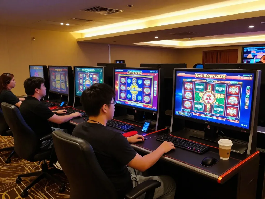Engaging player enjoying slot-gacor2026 games on multiple screens, showcasing a dynamic online gaming environment